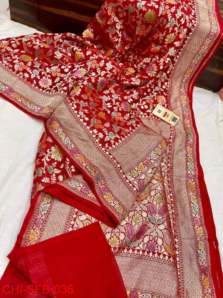 Red Banarasi Khaddi Georgette Brush Painted Silk Saree