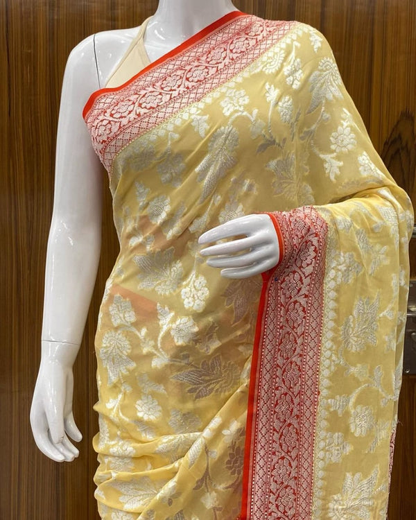 Yellow Khaddi Georgette Silk Saree