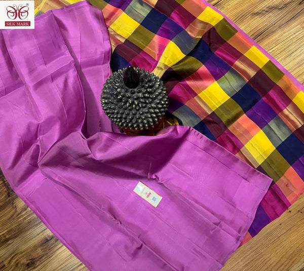 Pink Plain Soft Silk Sarees with Checked Pallu and Checked Blouse