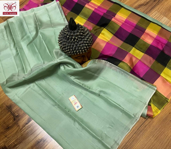 Pastel Green Plain Soft Silk Sarees with Checked Pallu and Checked Blouse