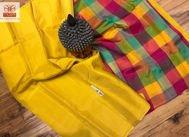 Yellow Plain Soft Silk Sarees with Checked Pallu and Checked Blouse