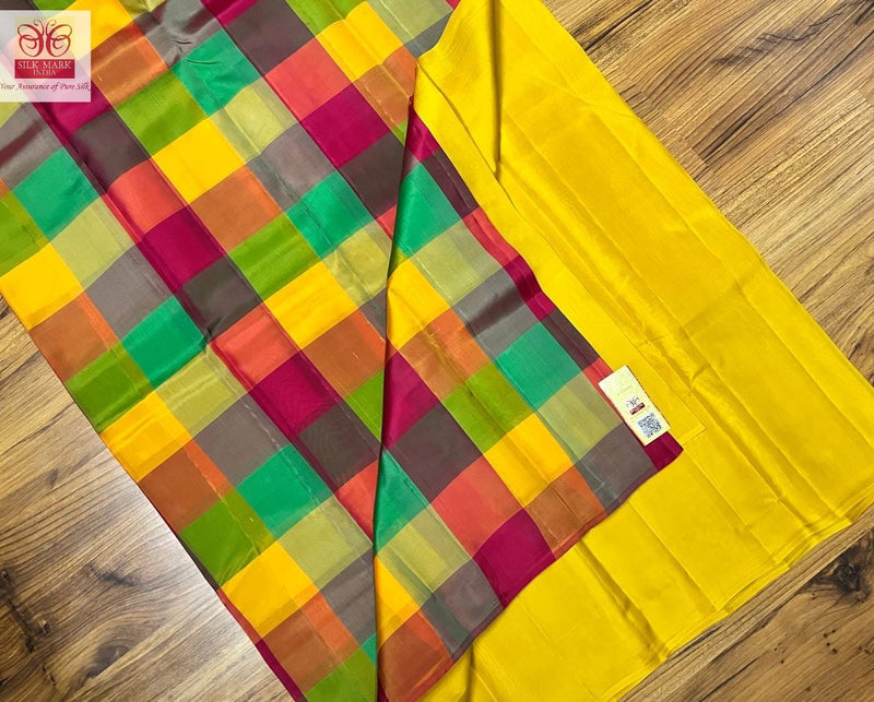 Yellow Plain Soft Silk Sarees with Checked Pallu and Checked Blouse