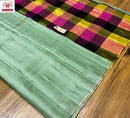 Pastel Green Plain Soft Silk Sarees with Checked Pallu and Checked Blouse