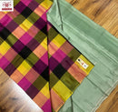 Pastel Green Plain Soft Silk Sarees with Checked Pallu and Checked Blouse