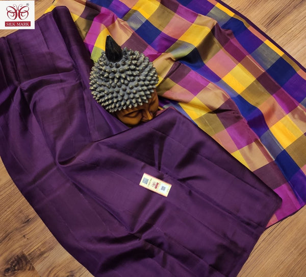 Purple Plain Soft Silk Sarees with Checked Pallu and Checked Blouse