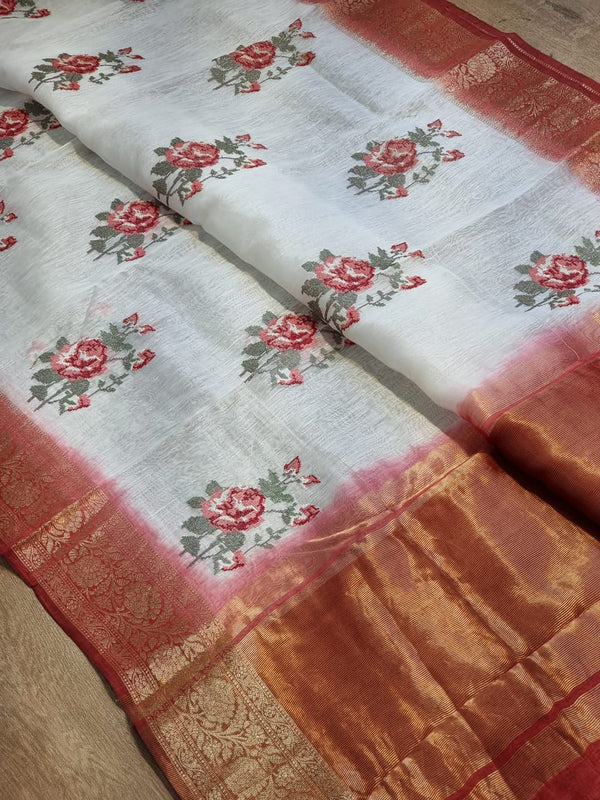 Banarasi Linen Silk Saree with Embroidery Butta