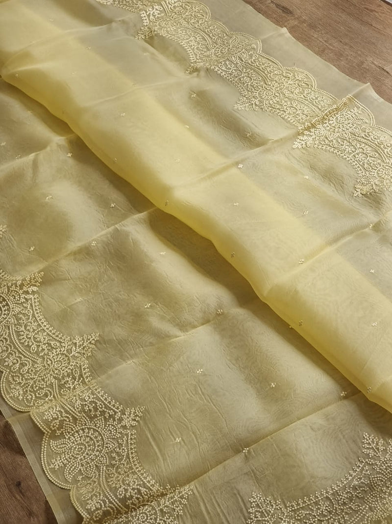 Yellow Organza Saree with Embroidery Torani Pearl Scallop Border