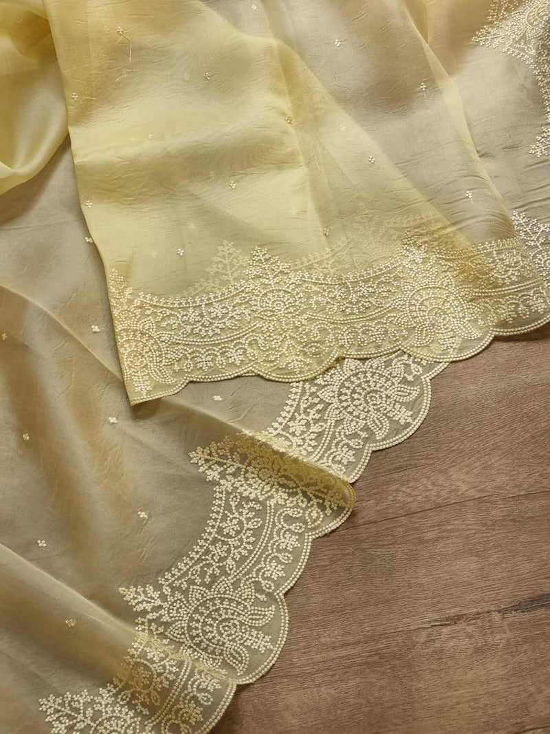 Yellow Organza Saree with Embroidery Torani Pearl Scallop Border