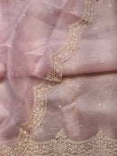 Pastel Pink Organza Saree with Embroidery Torani Pearl Scallop Border