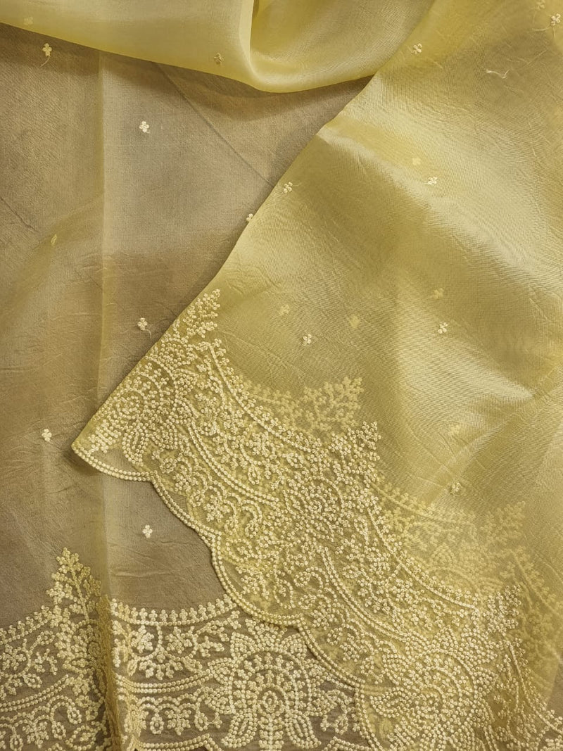 Yellow Organza Saree with Embroidery Torani Pearl Scallop Border