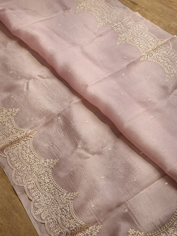 Pastel Pink Organza Saree with Embroidery Torani Pearl Scallop Border