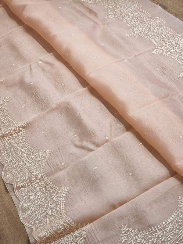 Pastel Peach Organza Saree with Embroidery Torani Pearl Scallop Border