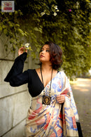 Half White Soft Silk Saree with Unquie Ikkat Weaving Style