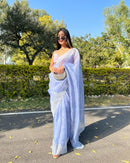 Blue Organza Saree with Embroidery Torani Pearl Scallop Border