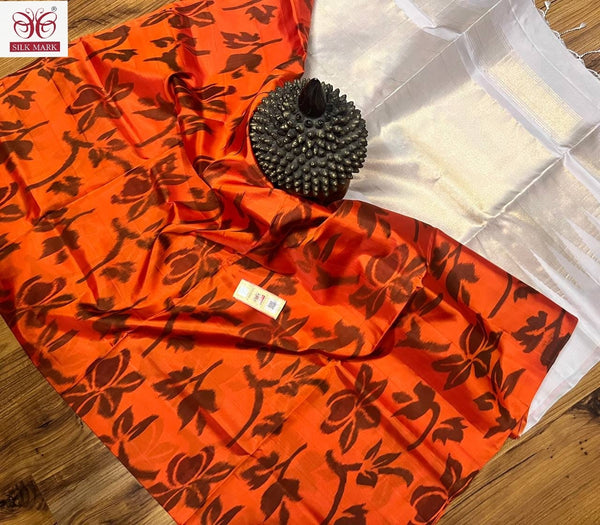 Orange Soft Silk Saree with Unquie Ikkat Weaving Style