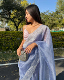Blue Organza Saree with Embroidery Torani Pearl Scallop Border