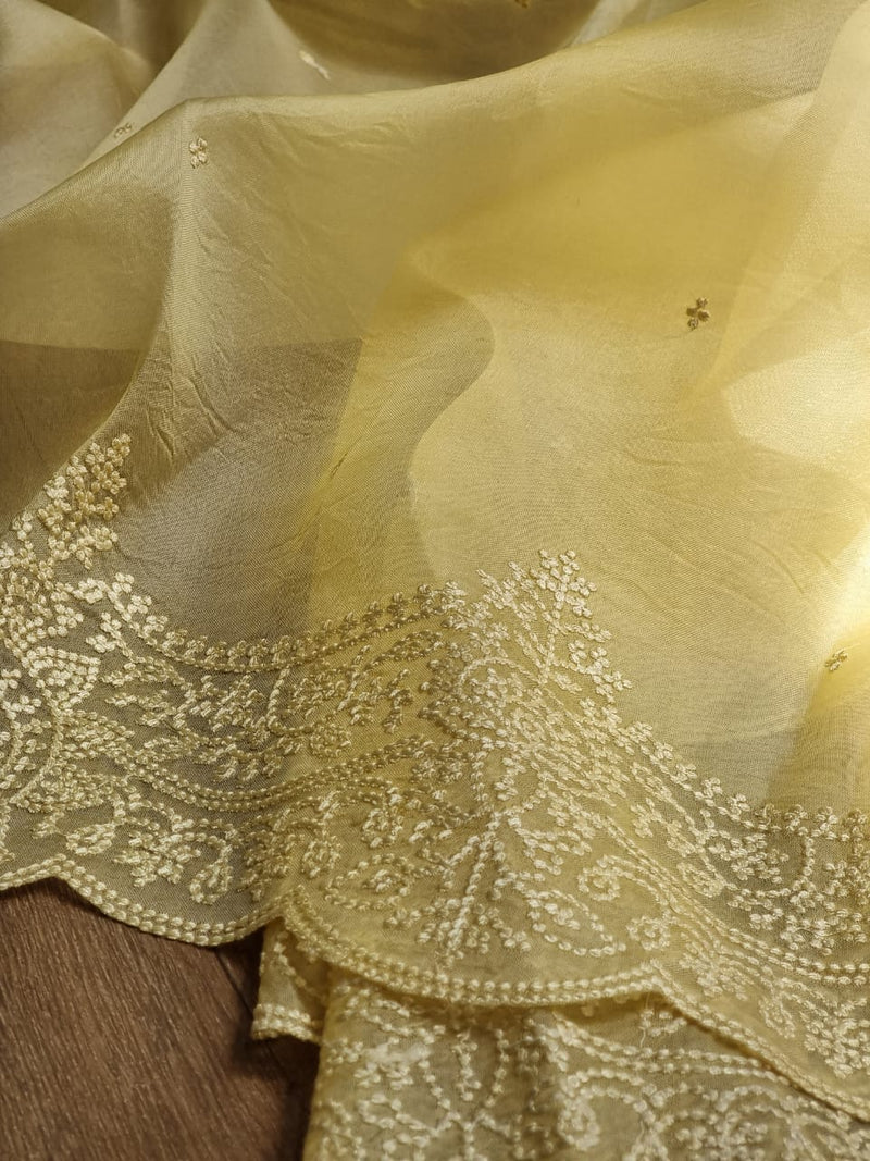 Yellow Organza Saree with Embroidery Torani Pearl Scallop Border