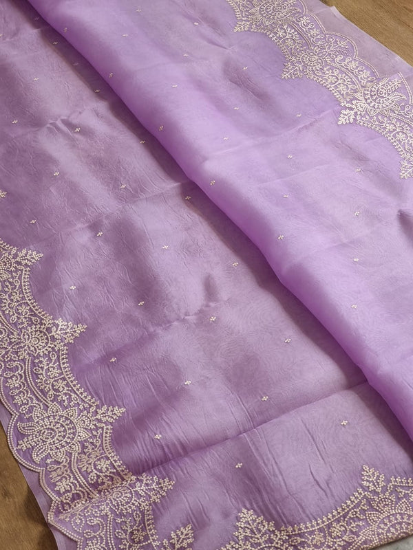 Lavender Organza Saree with Embroidery Torani Pearl Scallop Border