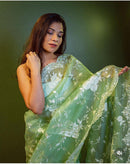 Green Organza Saree With Embroidery Jaal Cutwork Design