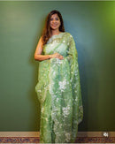 Green Organza Saree With Embroidery Jaal Cutwork Design