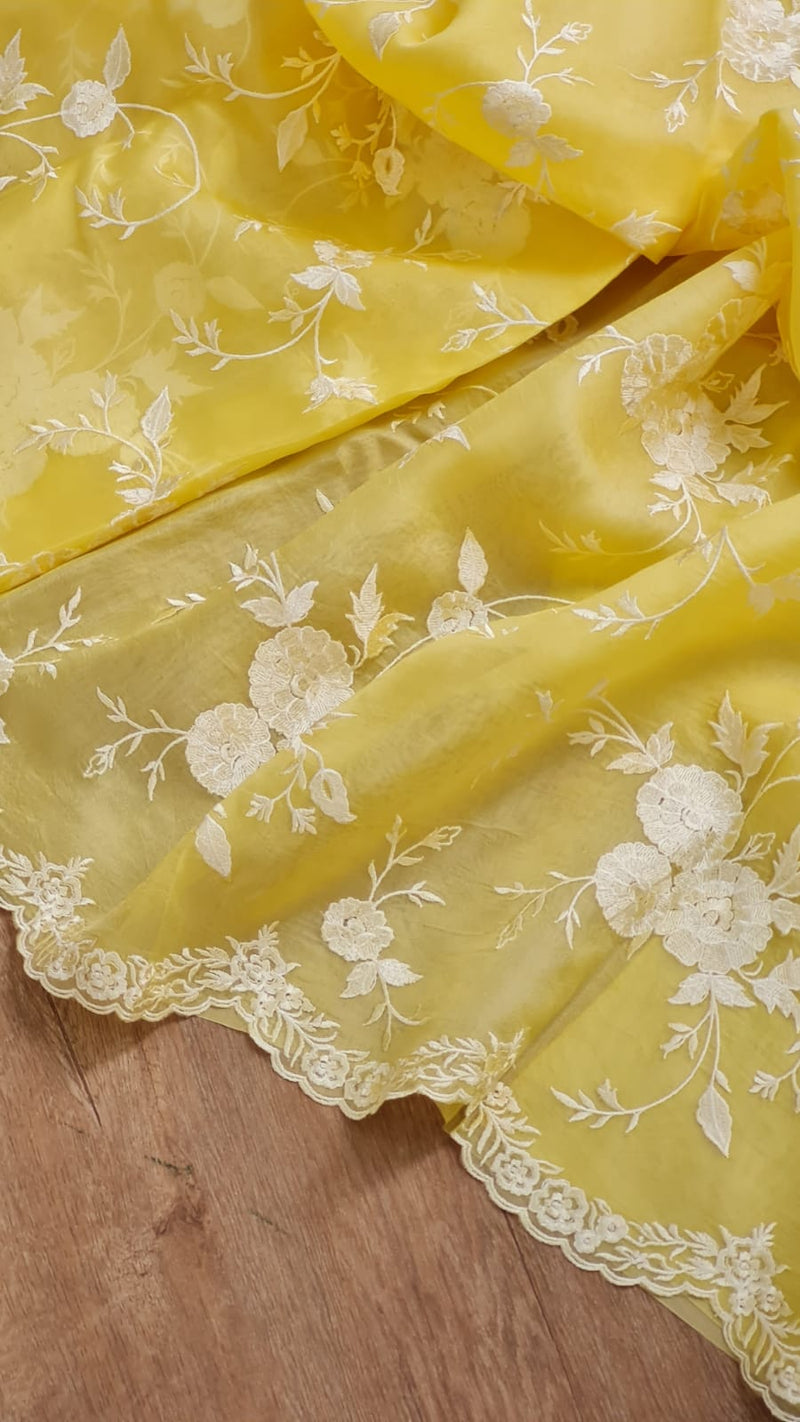 Yellow Organza Saree With Embroidery Jaal Cutwork Design