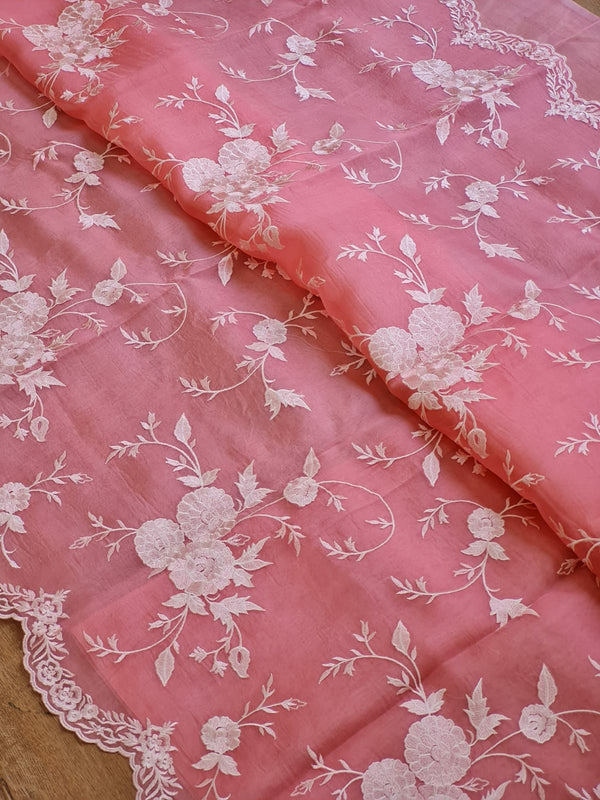 Pink Organza Saree With Embroidery Jaal Cutwork Design