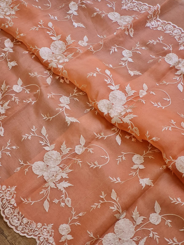 Peach Organza Saree With Embroidery Jaal Cutwork Design