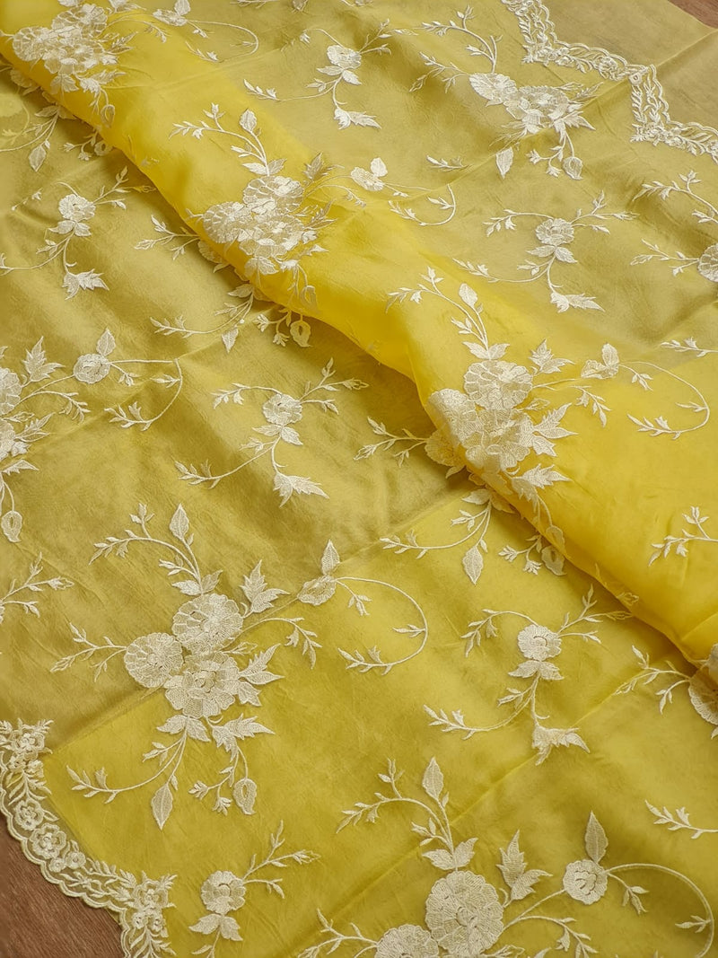 Yellow Organza Saree With Embroidery Jaal Cutwork Design