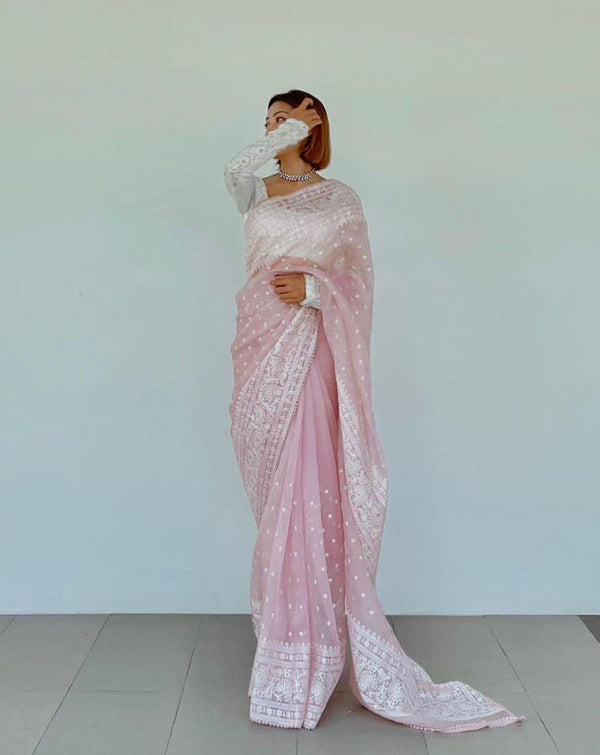 Pink Organza Saree with Minimal Embroidery Work