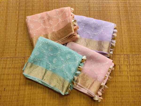 Organza Sarees with Reshmi Zari Banarasi Border and Chikankari Embroidery work