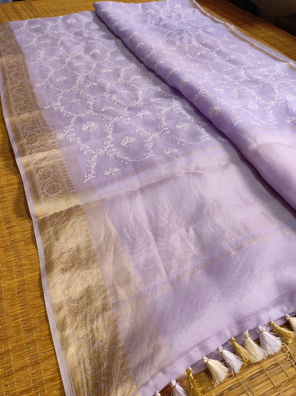 Lavender Organza Saree with Reshmi Zari Banarasi Border and Chikankari Embroidery work