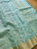 Blue Organza Saree with Reshmi Zari Banarasi Border and Chikankari Embroidery work