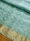 Blue Organza Saree with Reshmi Zari Banarasi Border and Chikankari Embroidery work