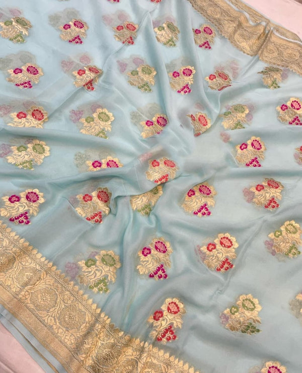 Pastel Blue Khaddi Georgette Silk Saree with Meenakari Butta
