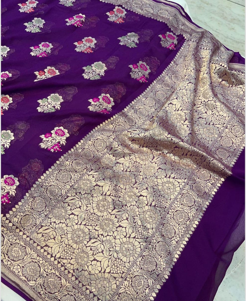 Purple Khaddi Georgette Silk Saree with Meenakari Butta