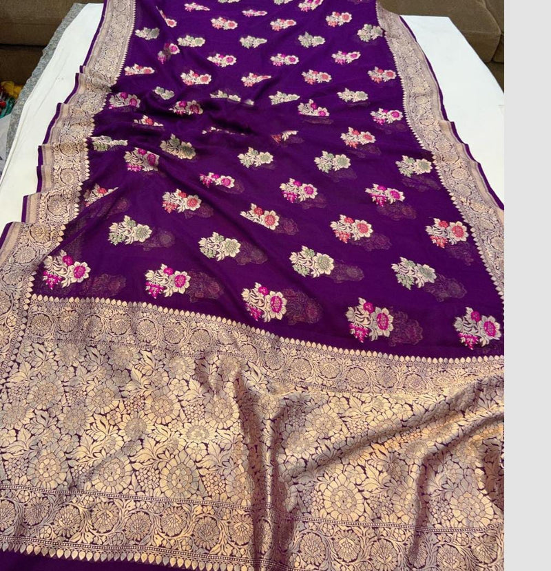 Purple Khaddi Georgette Silk Saree with Meenakari Butta