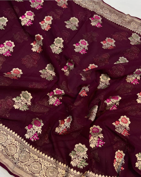 Maroon Brown Khaddi Georgette Silk Saree with Meenakari Butta