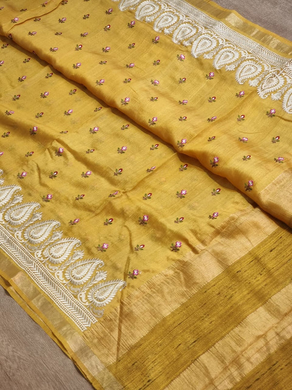 Yellow Tussar Silk Saree with Embroidery Border and Butta