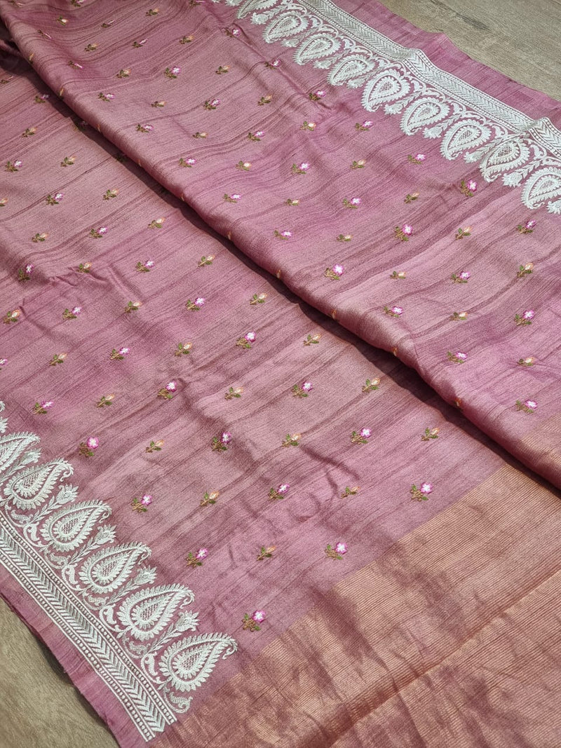 Pink Tussar Silk Saree with Embroidery Border and Butta