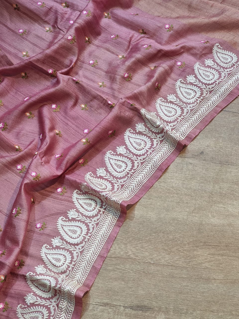 Pink Tussar Silk Saree with Embroidery Border and Butta