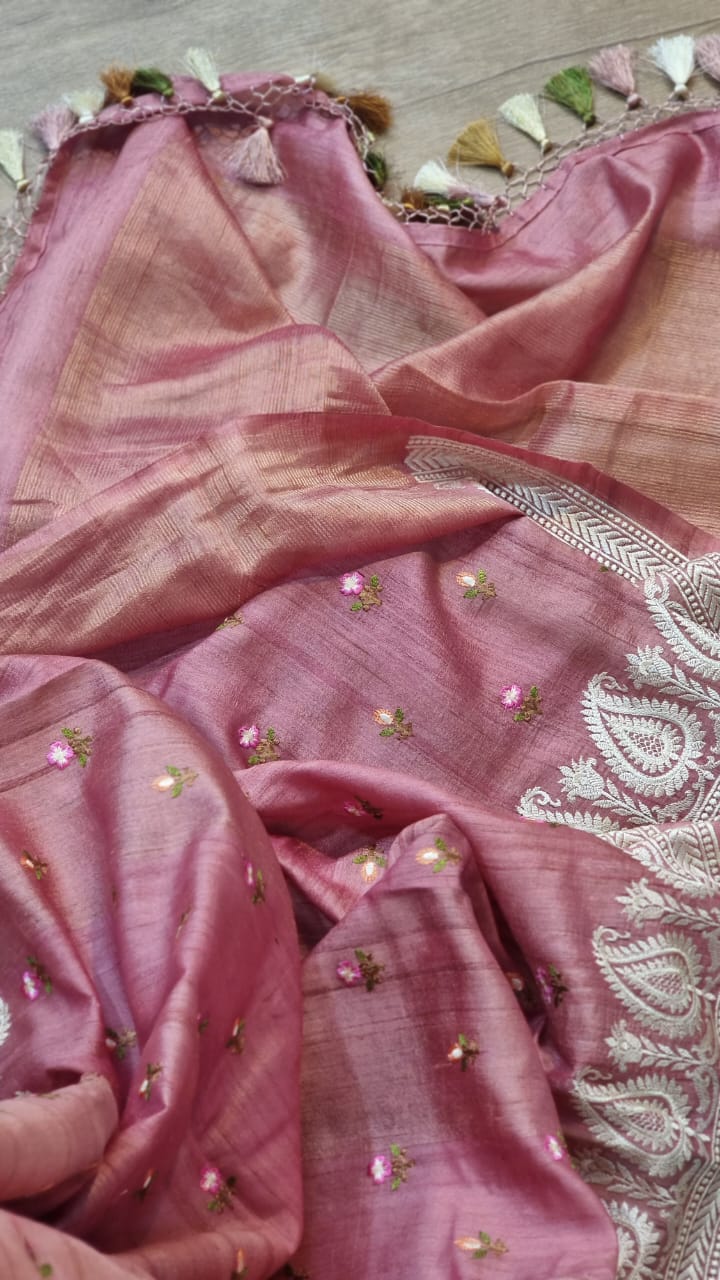 Pink Tussar Silk Saree with Embroidery Border and Butta