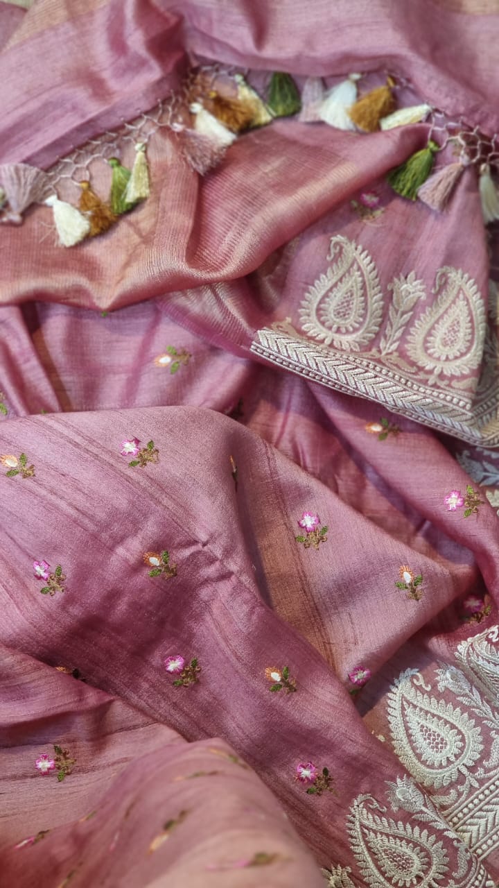 Pink Tussar Silk Saree with Embroidery Border and Butta