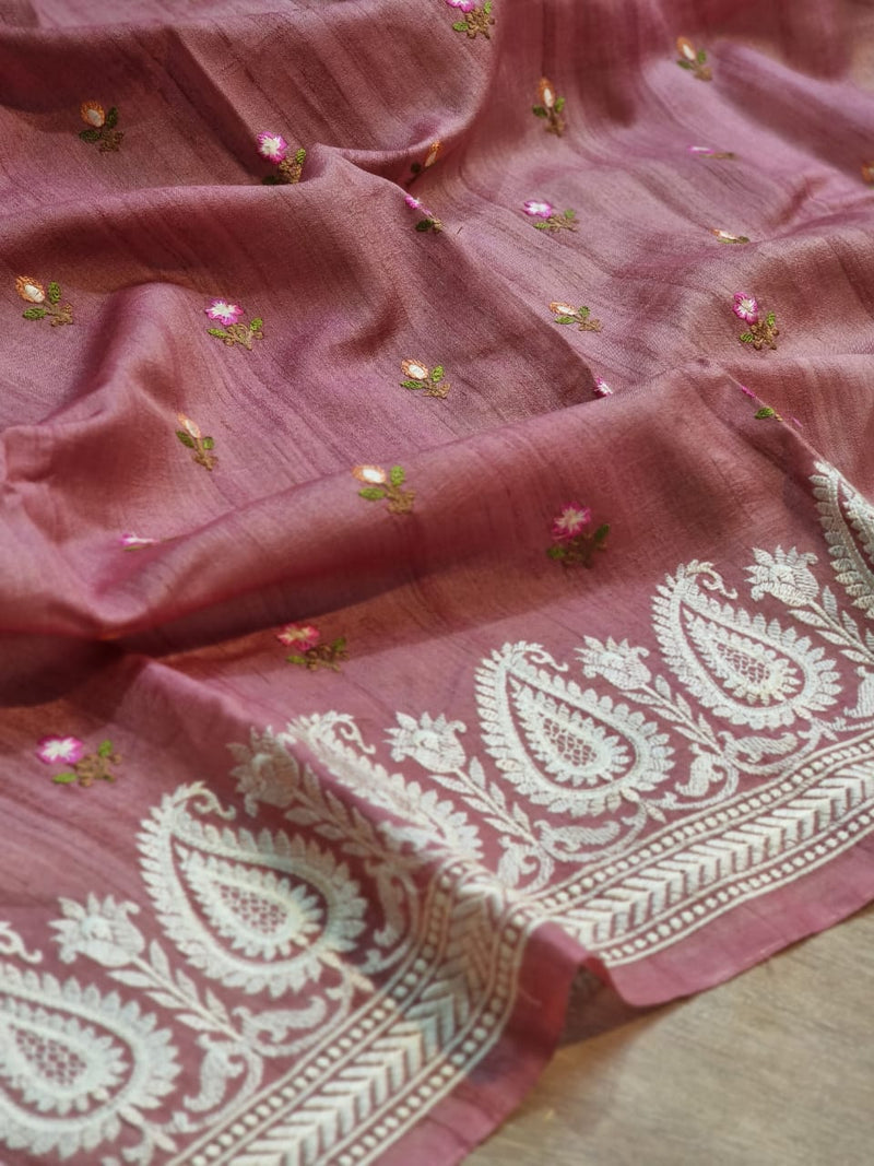 Pink Tussar Silk Saree with Embroidery Border and Butta