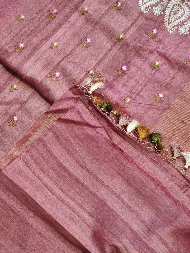 Pink Tussar Silk Saree with Embroidery Border and Butta