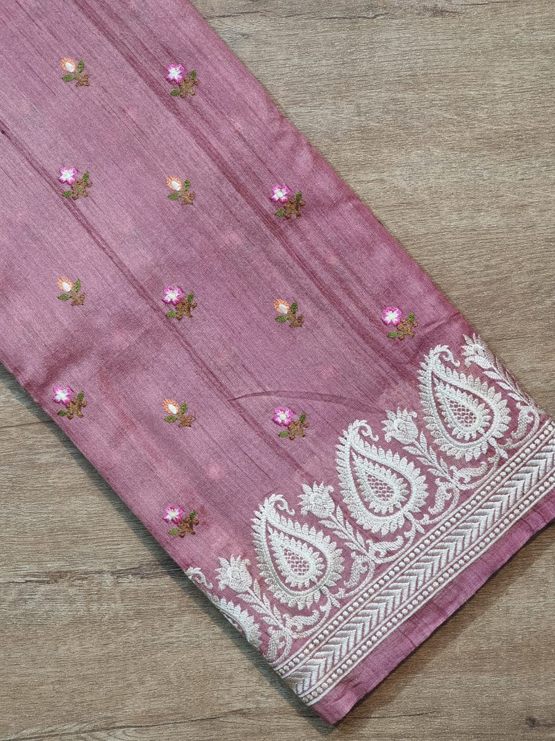 Pink Tussar Silk Saree with Embroidery Border and Butta