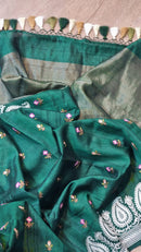 Green Tussar Silk Saree with Embroidery Border and Butta