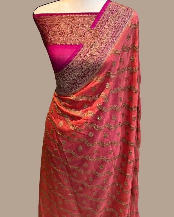 Peach Pink Khaddi Georgette Silk Saree Fancy Design