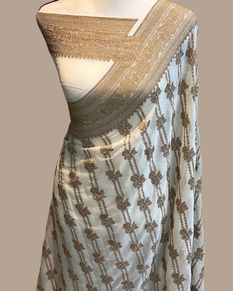 White Khaddi Georgette Silk Saree Fancy Design