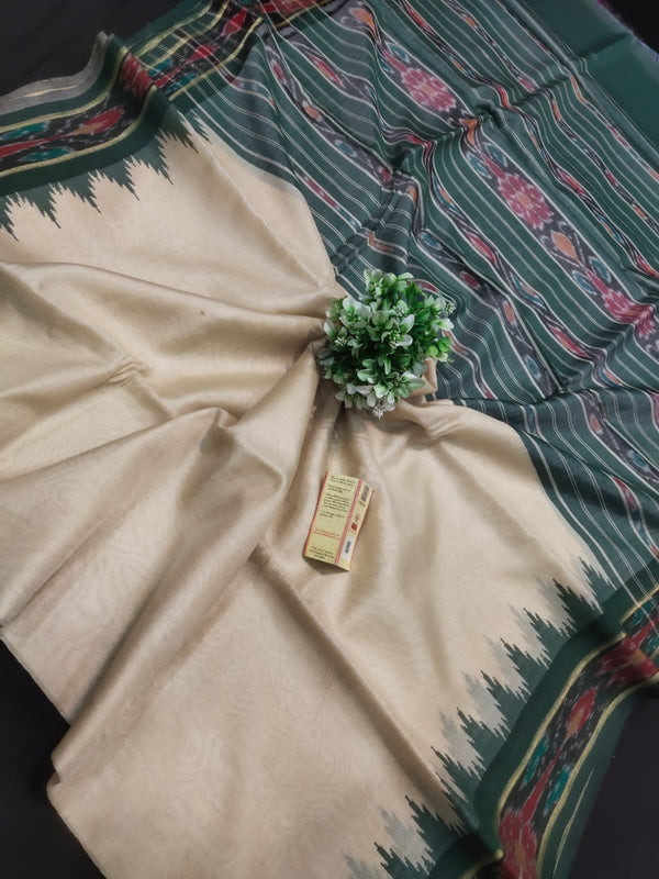 Pure Tussar Silk Saree with Contrast Ikkat Style Temple Border
