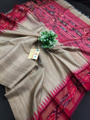 Pure Tussar Silk Saree with Contrast Ikkat Style Temple Border